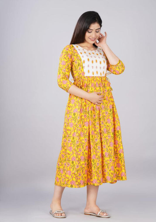 Hima Premium Cotton Anarkali Feeding & Maternity Kurti – 48 Inch Length, 2 Side Zips All-Day Comfort for Moms (Yellow-White)