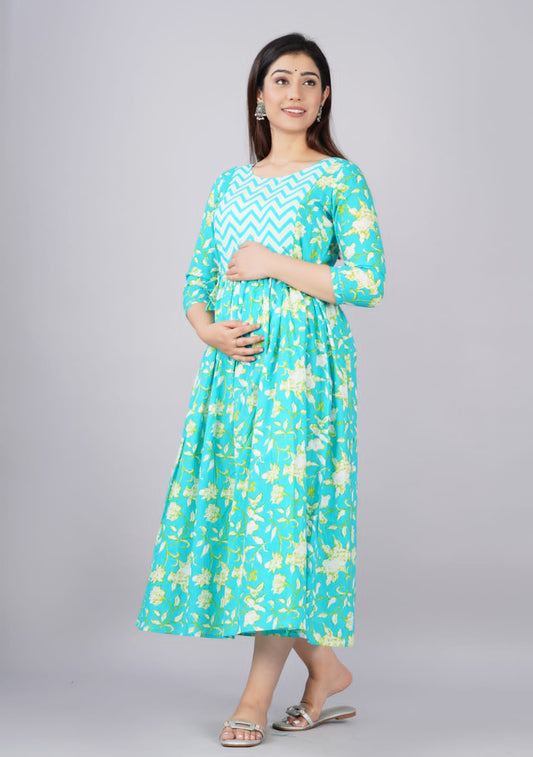 Hima Premium Cotton Anarkali Feeding & Maternity Kurti – 48 Inch Length, 2 Side Zips All-Day Comfort for Moms (Sky)