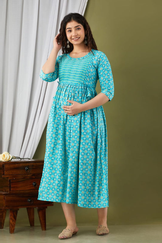 Hima Premium Cotton Anarkali Feeding & Maternity Kurti – 48 Inch Length, 2 Side Zips All-Day Comfort for Moms sky blue