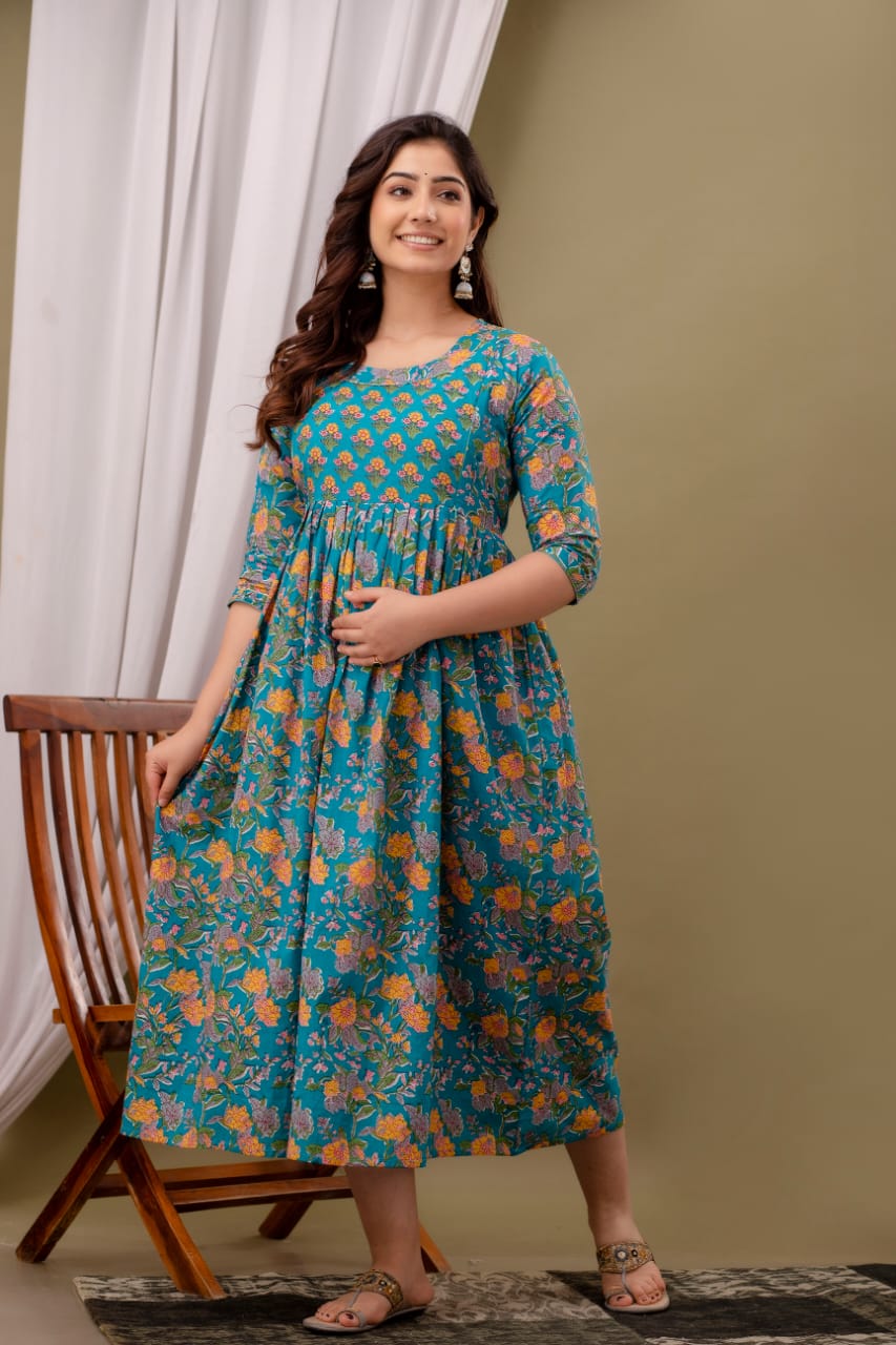 Hima Premium Cotton Anarkali Feeding & Maternity Kurti – 48 Inch Length, 2 Side Zips All-Day Comfort for Moms (Blue)
