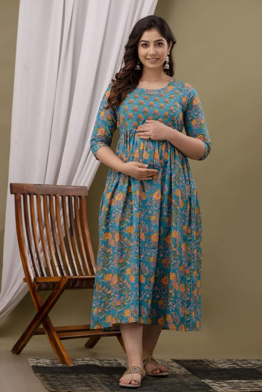 Hima Premium Cotton Anarkali Feeding & Maternity Kurti – 48 Inch Length, 2 Side Zips All-Day Comfort for Moms (Blue)