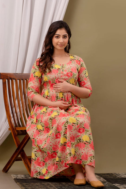 Hima Premium Cotton Anarkali Feeding & Maternity Kurti – 48 Inch Length, 2 Side Zips All-Day Comfort for Moms Orange