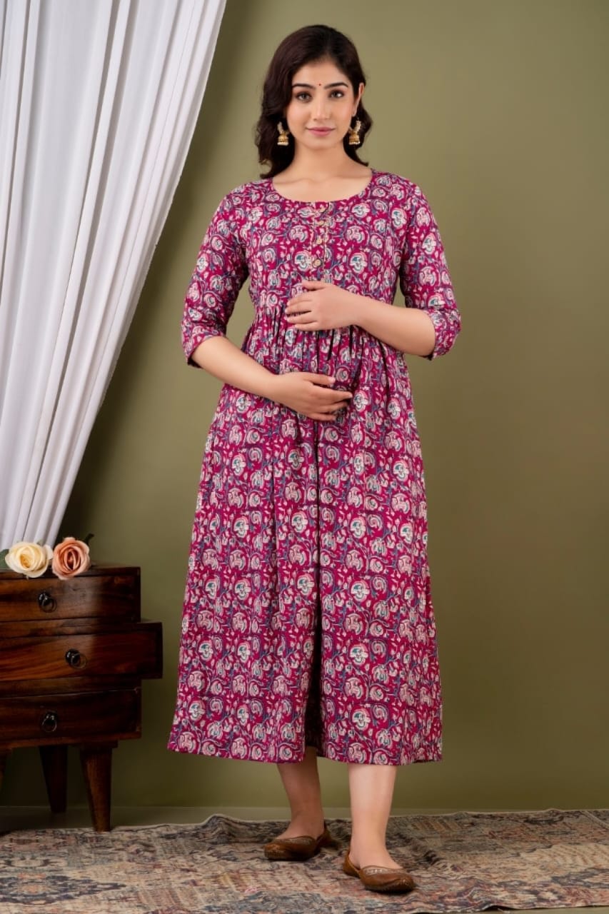 Hima Premium Cotton Anarkali Feeding & Maternity Kurti – 48 Inch Length, 2 Side Zips All-Day Comfort for Moms (Purple))