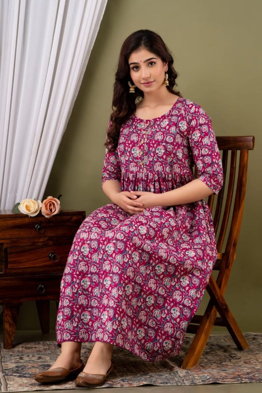 Hima Premium Cotton Anarkali Feeding & Maternity Kurti – 48 Inch Length, 2 Side Zips All-Day Comfort for Moms (Purple))