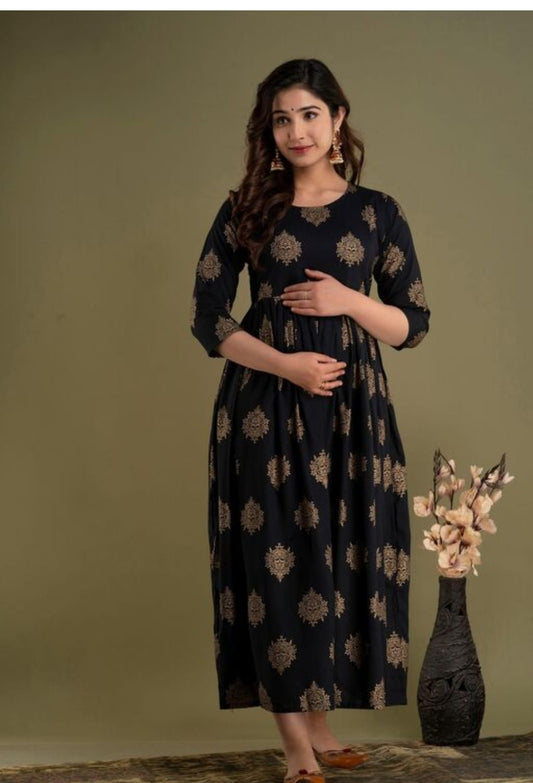 Hima Premium Cotton Anarkali Feeding & Maternity Kurti – 48 Inch Length, 2 Side Zips All-Day Comfort for Moms (Black)