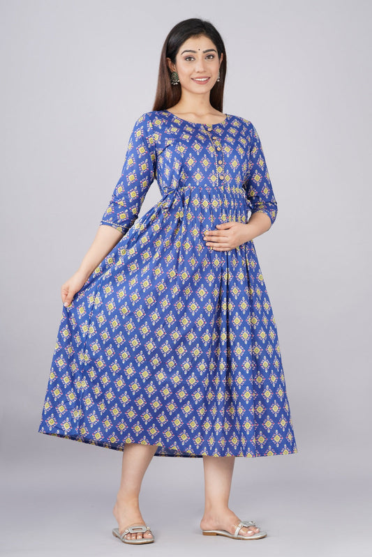 Hima Premium Cotton Anarkali Feeding & Maternity Kurti – 48 Inch Length, 2 Side Zips All-Day Comfort for Moms Blue