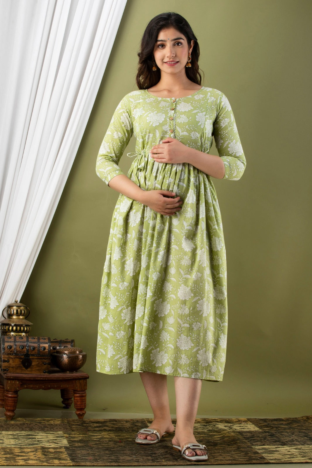 Hima Premium Cotton Anarkali Feeding & Maternity Kurti – 48 Inch Length, 2 Side Zips All-Day Comfort for Moms (Light Green)