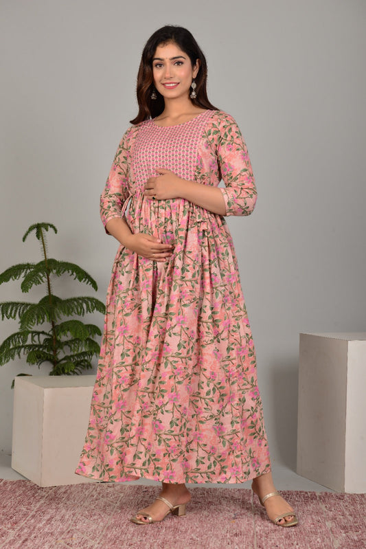 Hima Premium Cotton Anarkali Feeding & Maternity Kurti – 48 Inch Length, 2 Side Zips All-Day Comfort for Moms (Peach Green)