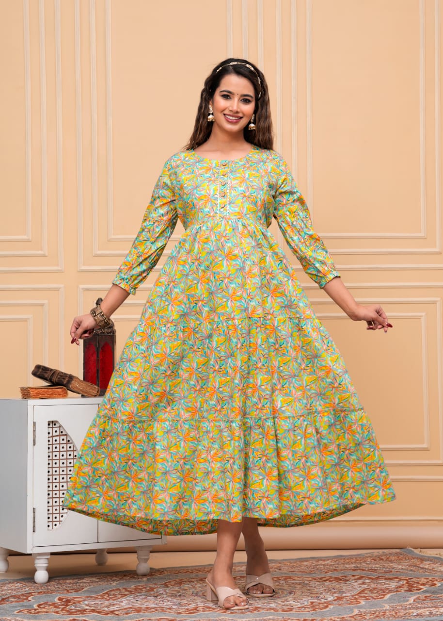 Hima Premium Cotton Anarkali Feeding & Maternity Kurti – 48 Inch Length, 2 Side Zips All-Day Comfort for Moms (Green)