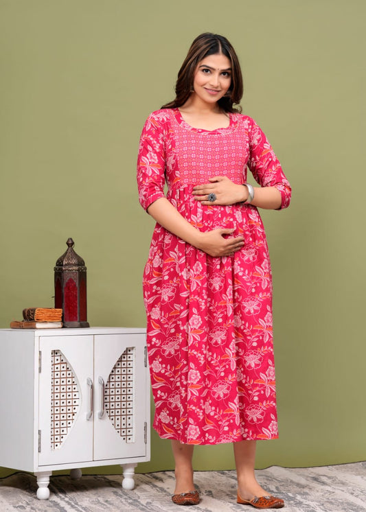 Hima Premium Cotton Anarkali Feeding & Maternity Kurti – 48 Inch Length, 2 Side Zips All-Day Comfort for Moms (Pink)