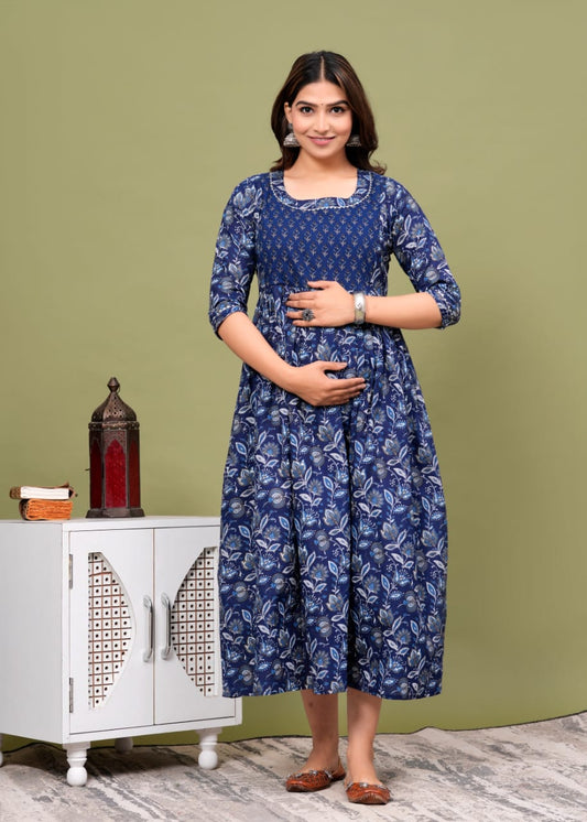 Hima Premium Cotton Anarkali Feeding & Maternity Kurti – 48 Inch Length, 2 Side Zips All-Day Comfort for Moms (Blue)