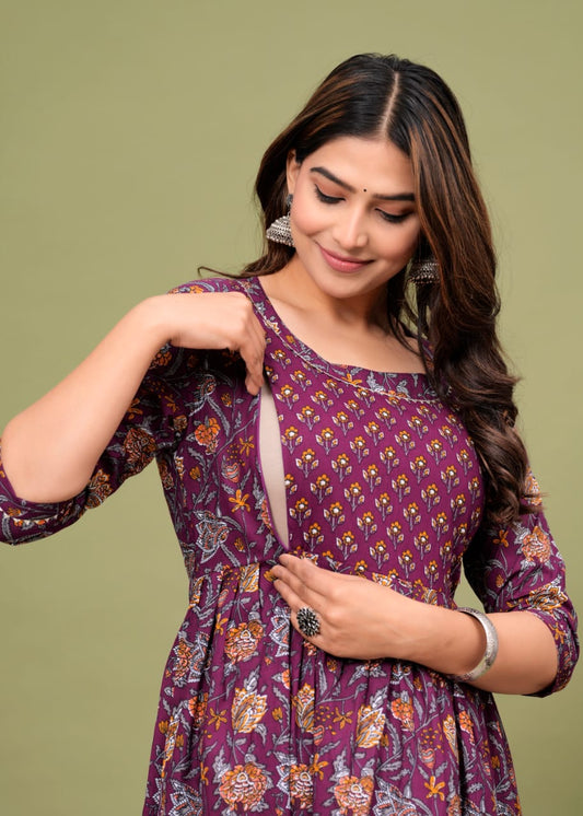 Hima Premium Cotton Anarkali Feeding & Maternity Kurti – 48 Inch Length, 2 Side Zips All-Day Comfort for Moms (Purple)