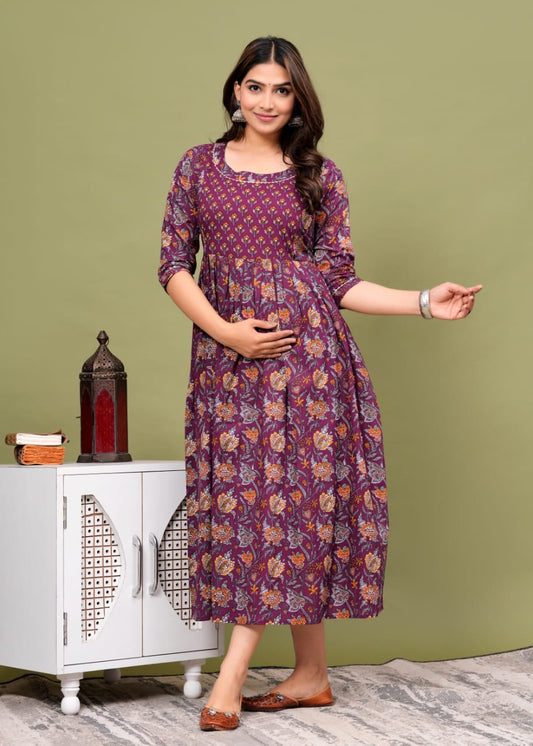 Hima Premium Cotton Anarkali Feeding & Maternity Kurti – 48 Inch Length, 2 Side Zips All-Day Comfort for Moms (Purple)
