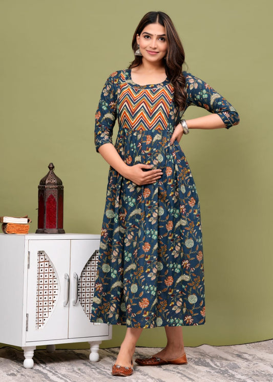 Hima Premium Cotton Anarkali Feeding & Maternity Kurti – 48 Inch Length, 2 Side Zips All-Day Comfort for Moms (Blue)
