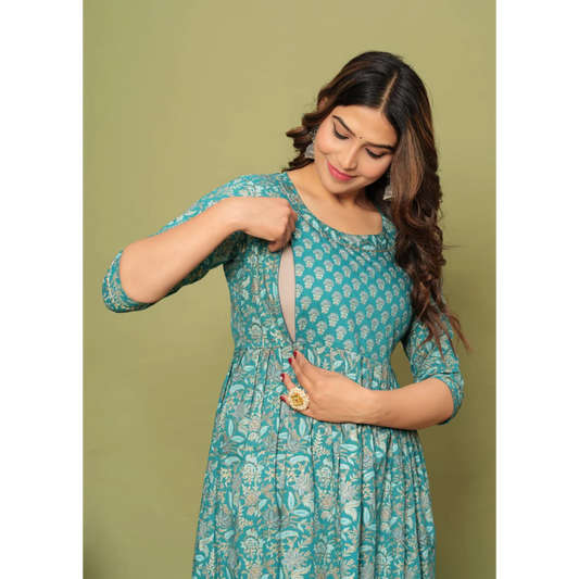 Hima Premium Cotton Anarkali Feeding & Maternity Kurti – 48 Inch Length, 2 Side Zips All-Day Comfort for Moms (Green)