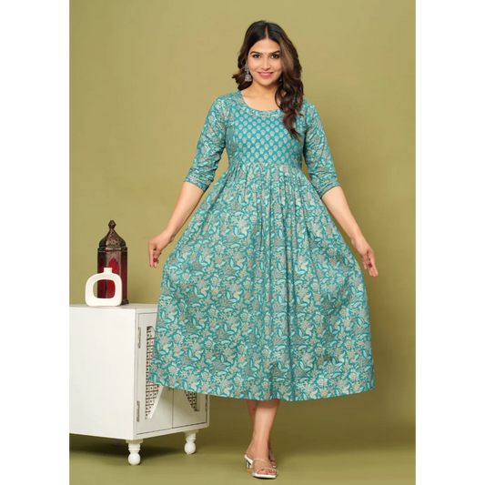Hima Premium Cotton Anarkali Feeding & Maternity Kurti – 48 Inch Length, 2 Side Zips All-Day Comfort for Moms (Green)