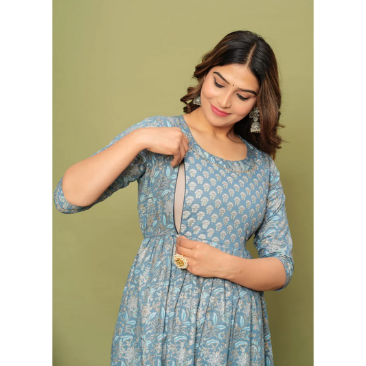 Hima Premium Cotton Anarkali Feeding & Maternity Kurti – 48 Inch Length, 2 Side Zips All-Day Comfort for Moms (Grey Blue)