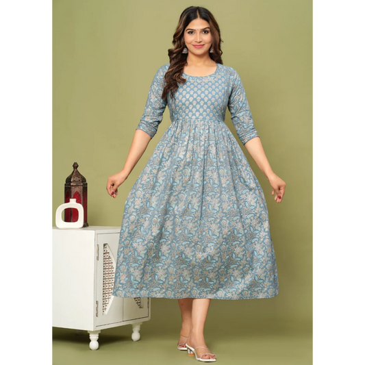 Hima Premium Cotton Anarkali Feeding & Maternity Kurti – 48 Inch Length, 2 Side Zips All-Day Comfort for Moms (Grey Blue)
