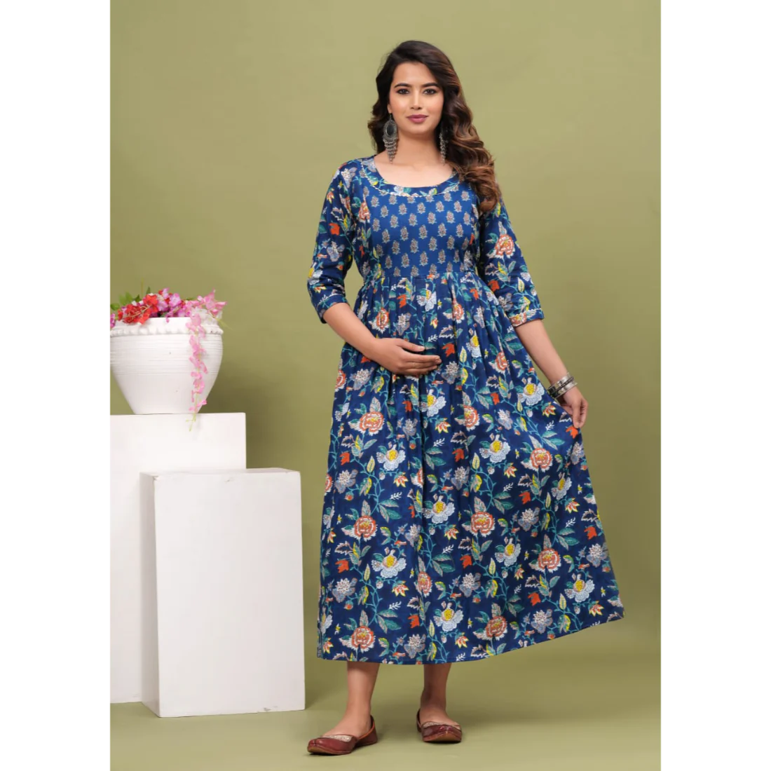 Hima Premium Cotton Anarkali Feeding & Maternity Kurti – 48 Inch Length, 2 Side Zips All-Day Comfort for Moms (Blue)