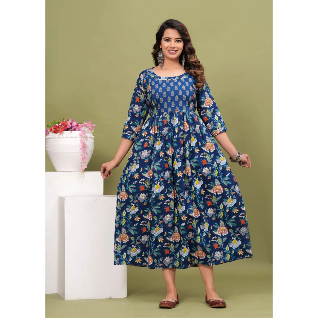 Hima Premium Cotton Anarkali Feeding & Maternity Kurti – 48 Inch Length, 2 Side Zips All-Day Comfort for Moms (Blue)