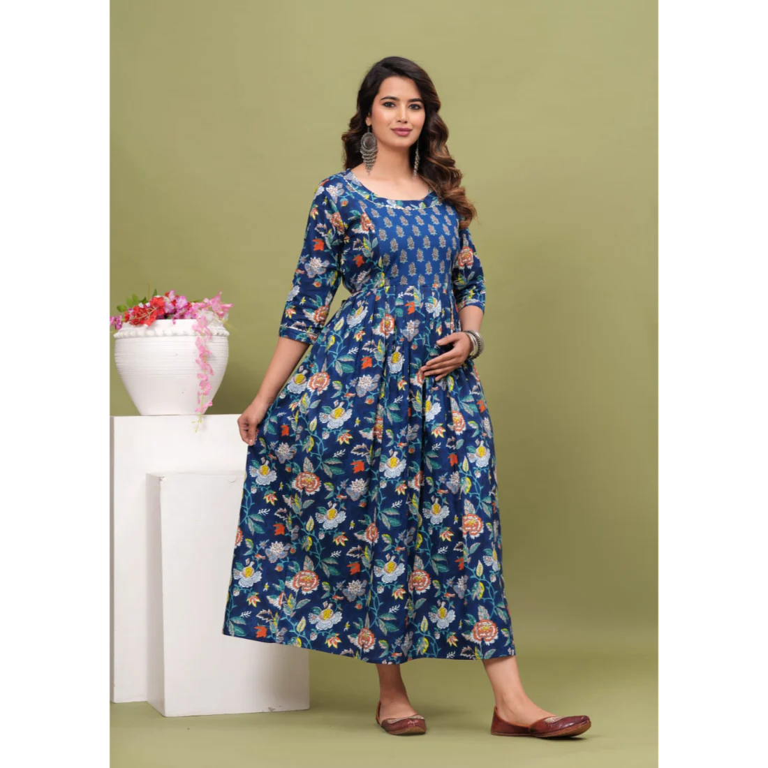 Hima Premium Cotton Anarkali Feeding & Maternity Kurti – 48 Inch Length, 2 Side Zips All-Day Comfort for Moms (Blue)