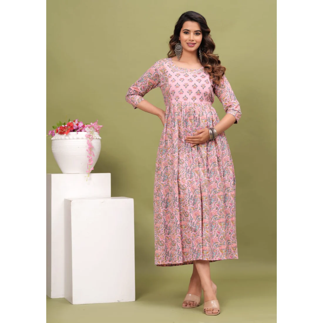 Hima Premium Cotton Anarkali Feeding & Maternity Kurti – 48 Inch Length, 2 Side Zips All-Day Comfort for Moms (Pink)
