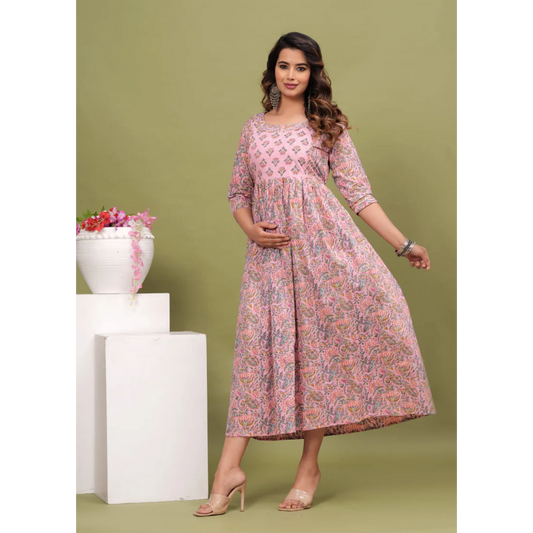 Hima Premium Cotton Anarkali Feeding & Maternity Kurti – 48 Inch Length, 2 Side Zips All-Day Comfort for Moms (Pink)