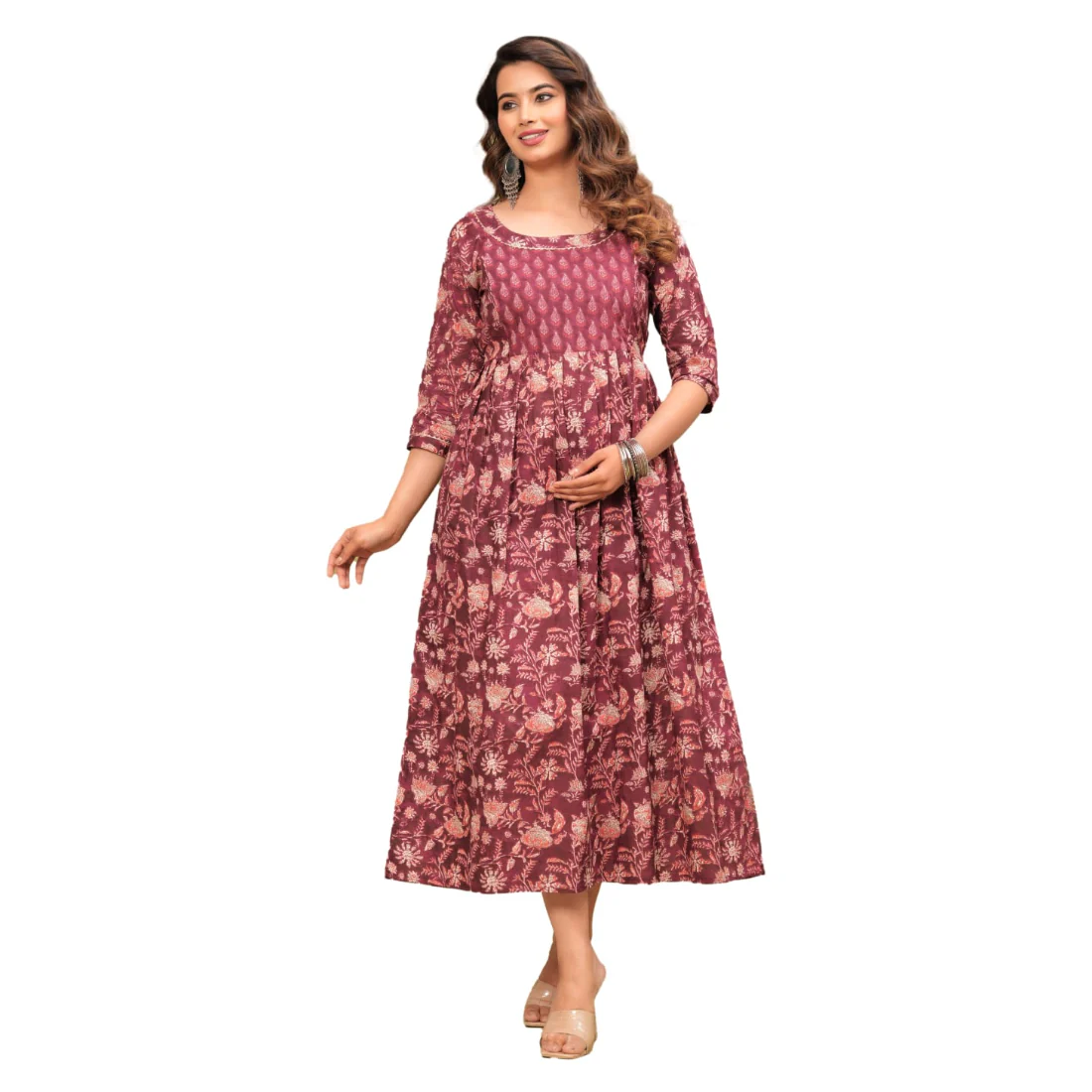 Hima Premium Cotton Anarkali Feeding & Maternity Kurti – 48 Inch Length, 2 Side Zips All-Day Comfort for Moms (Brown)
