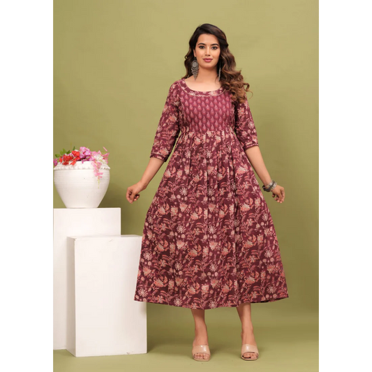 Hima Premium Cotton Anarkali Feeding & Maternity Kurti – 48 Inch Length, 2 Side Zips All-Day Comfort for Moms (Brown)