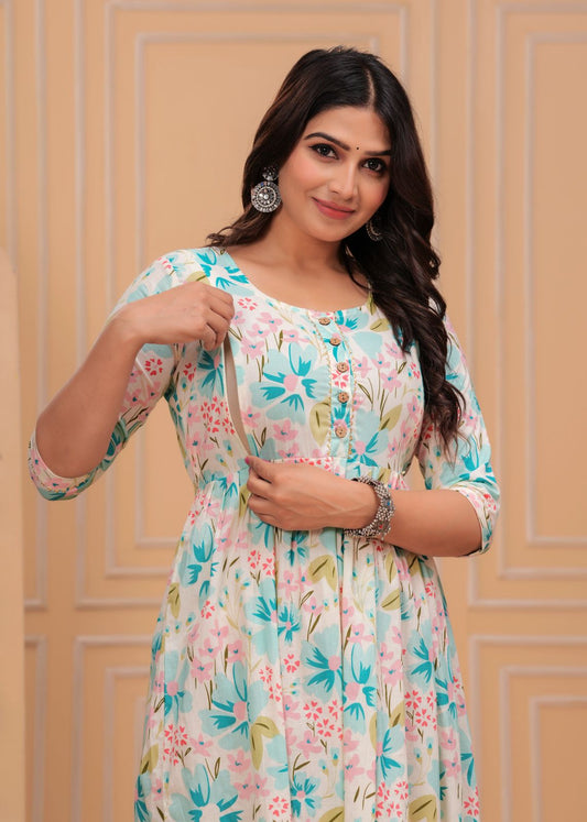 Hima Premium Cotton Anarkali Feeding & Maternity Kurti – 48 Inch Length, 2 Side Zips All-Day Comfort for Moms (White Flower)