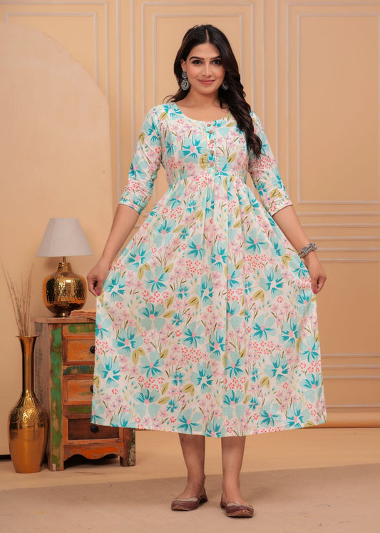 Hima Premium Cotton Anarkali Feeding & Maternity Kurti – 48 Inch Length, 2 Side Zips All-Day Comfort for Moms (White Flower)